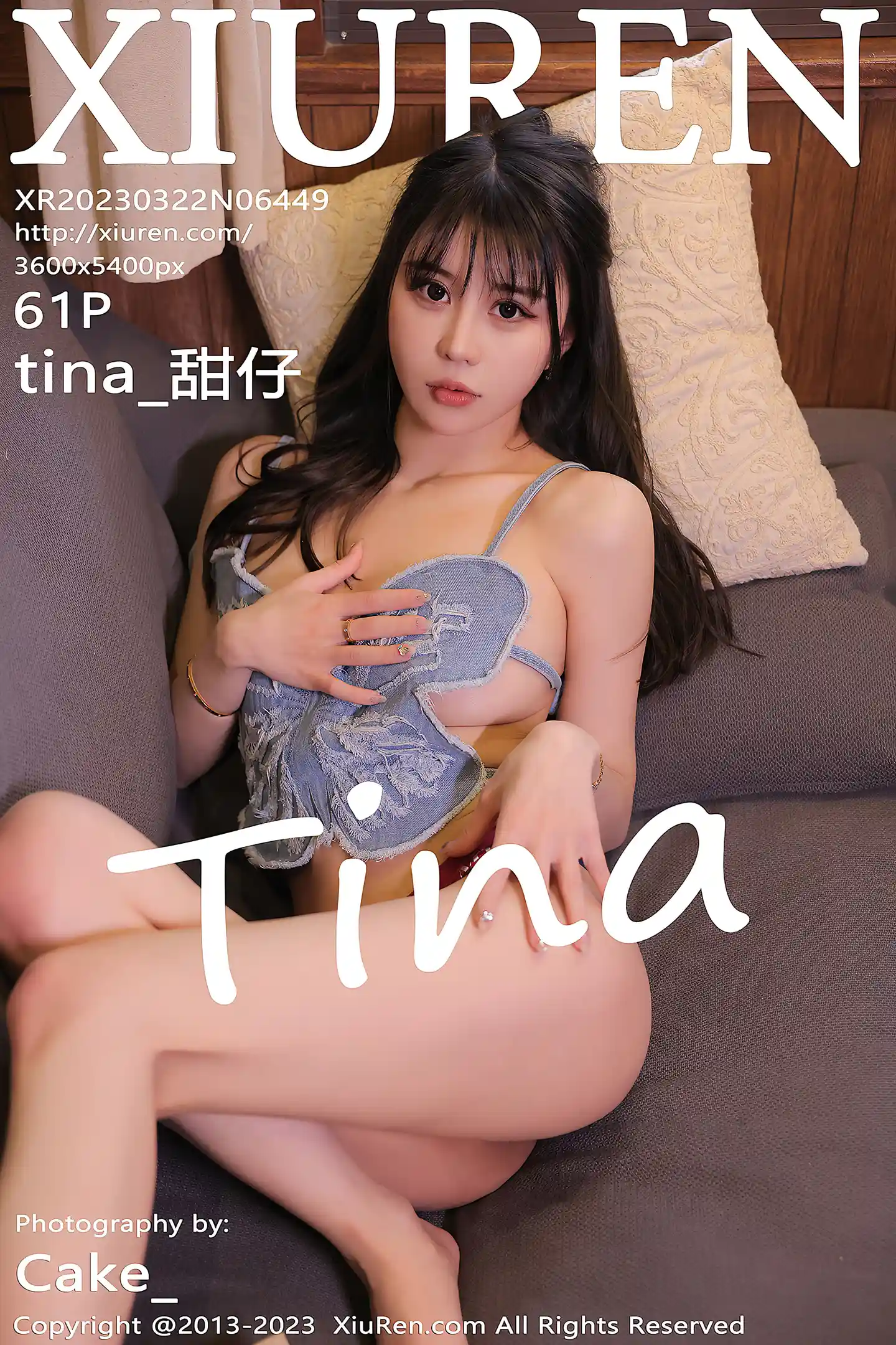 [XiuRen秀人网]2023.03.22 VOL.6449 tina_甜仔 灰色情趣蝴蝶内衣加紧身牛仔裤性感私房写真集-秀人网官方网站